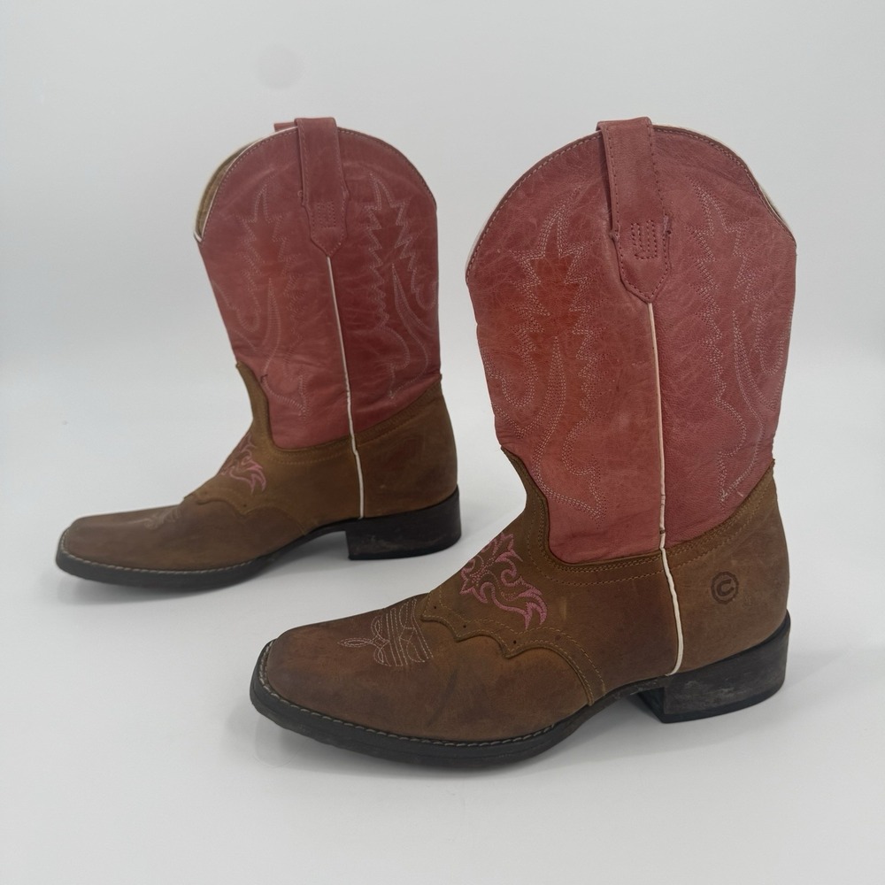 Lucky Brand Brown Pink Leather Western Cowboy Boots Women's Size 7.5 Embroidered
